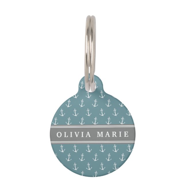 Médaillon Pour Animaux Nom personnalisé Motif Ancre bleu (Devant)