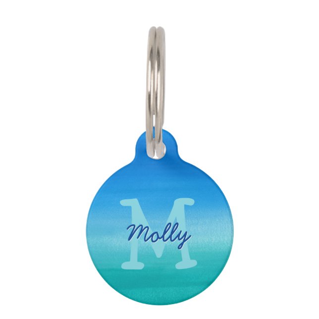 Médaillon Pour Animaux Ocean Blue Green Monogramme Nom Adresse (Devant)
