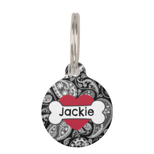 Médaillon Pour Animaux Os Coeur Paisley Noir
