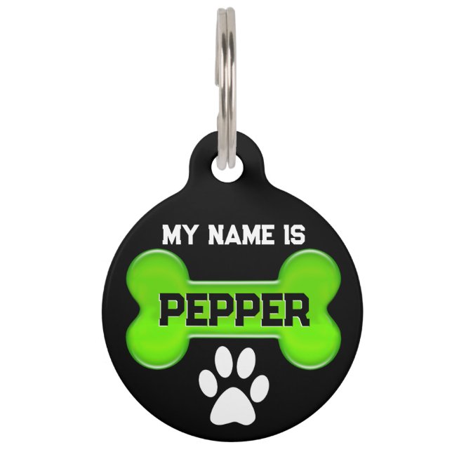 Médaillon Pour Animaux Os vert Faux Neon | Personnaliser (Devant)
