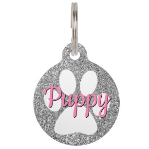 Médaillon Pour Animaux Pailleté argenté empreinte de patte rose et blanc
