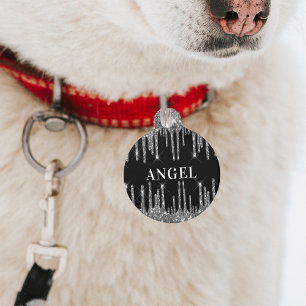 Médaillon Pour Animaux Paillettes argentées noires gouttes monogramme nom