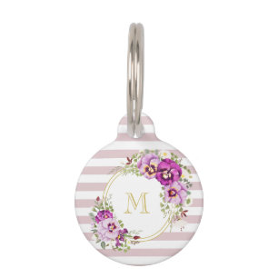 Médaillon Pour Animaux Pansies Vintages florales Monogrammes Rayures viol