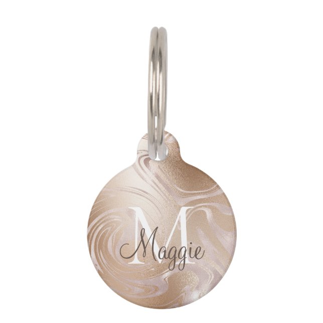 Médaillon Pour Animaux Papier Aluminium Rose Gold Monogramme Nom Marbré (Devant)