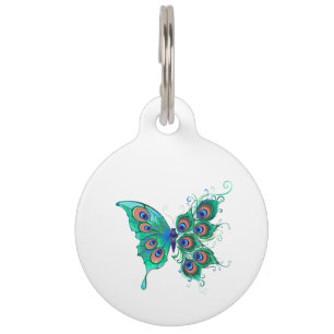Médaillon Pour Animaux Papillon aux plumes de paon vert