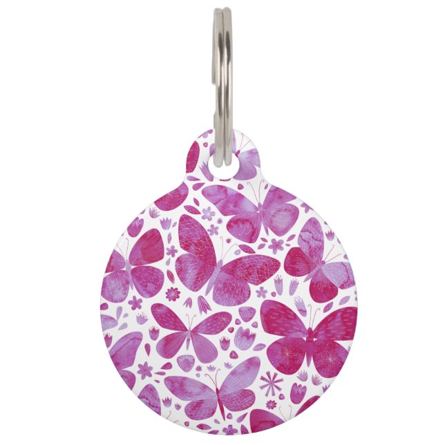 Médaillon Pour Animaux Papillons Aquarelle Magenta Rose Pet ID balise (Devant)