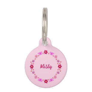 Médaillon Pour Animaux Papillons et Fleurs Rose Bébé Fille Personnalisé