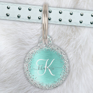 Médaillon Pour Animaux Parties scintillant argentée turquoise en métal br