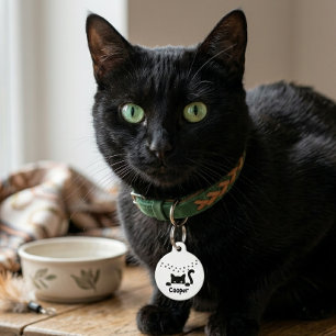 Médaillon Pour Animaux Patte de chat noir personnalisée Nom Rond Personna