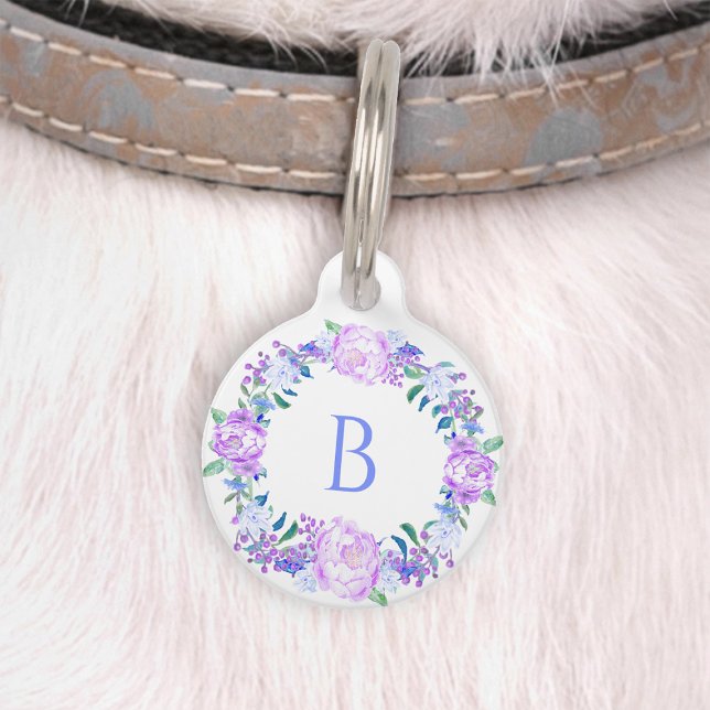 Médaillon Pour Animaux Peony Floral Wreath rose violet bleu Monogramme (Créateur téléchargé)