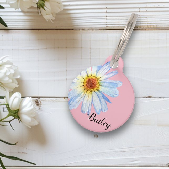 Médaillon Pour Animaux Pet Dog Cat Modern Pink Daisy Jolie ID Personnalis (Créateur téléchargé)