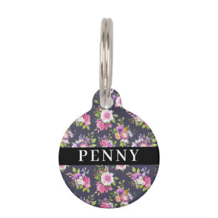 Médaillon Pour Animaux Pies roses et violettes Bouquet floral