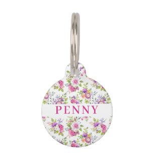 Médaillon Pour Animaux Pies roses et violettes Bouquet floral