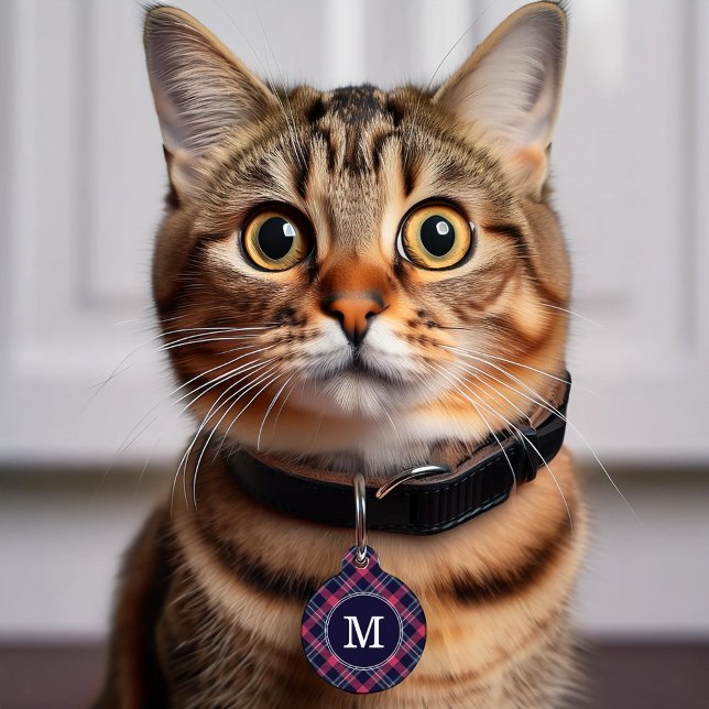 Médaillon Pour Animaux Plaid à monogramme rouge et bleu (Créateur téléchargé)