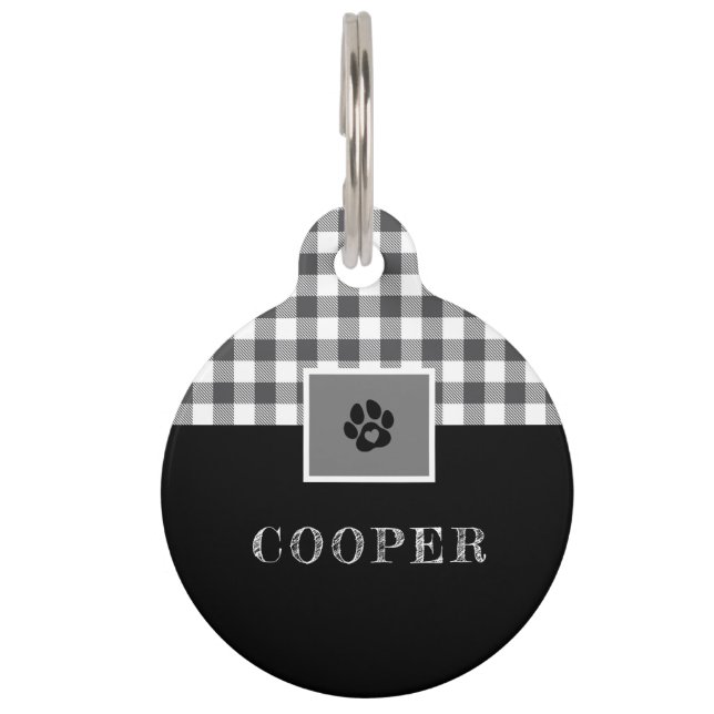 Médaillon Pour Animaux Plaid Buffalo Noir et Blanc Rustique (Devant)