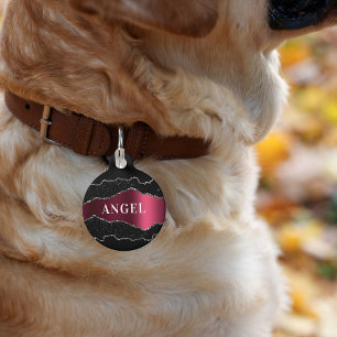 Médaillon Pour Animaux Porte en marbre noir bordeaux argenté nom de la pa