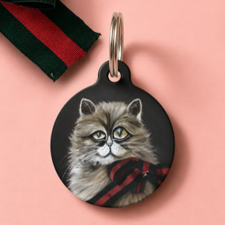 Médaillon Pour Animaux Portrait de chat d'art fin avec ruban rouge et ver