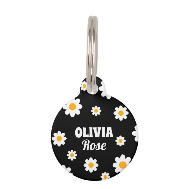 Médaillon Pour Animaux Retro Black Daisy 70's Hippie Nom personnalisé (Devant)