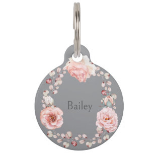 Médaillon Pour Animaux Rose d'aquarelle Wreath personnalisée Gray