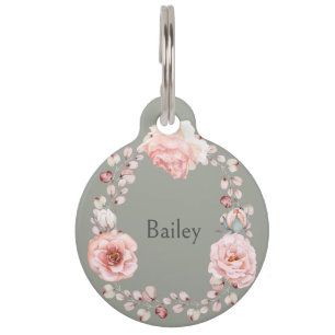 Médaillon Pour Animaux Rose d'aquarelle Wreath personnalisée Vert sage