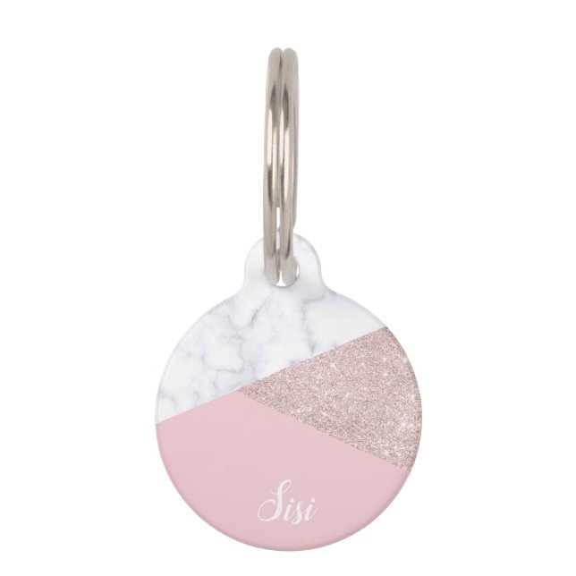 Médaillon Pour Animaux Rose de marbre blanc de parties scintillantes (Devant)