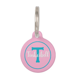 Médaillon Pour Animaux Rose et Turquoise, Monogramme, Si mon être humain 