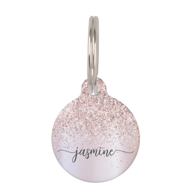 Médaillon Pour Animaux Rose Gold Glitter Monogramme Élégant Nom Script   (Devant)