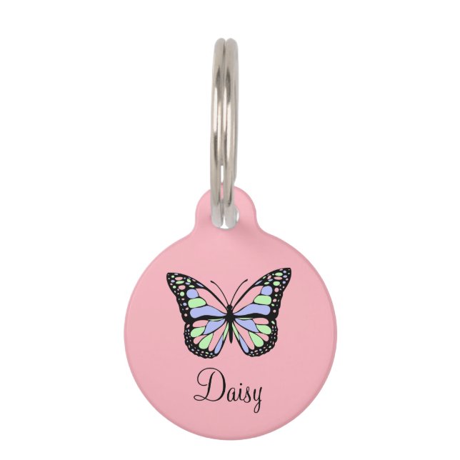 Médaillon Pour Animaux Rose mou avec Papillon, téléphone et nom (Devant)