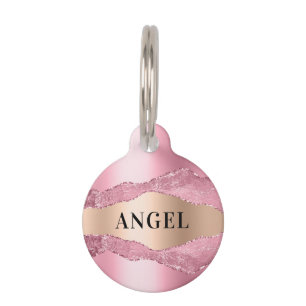 Médaillon Pour Animaux Rose rose or agate nom de marbre