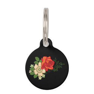 Médaillon Pour Animaux Rose rouge et pâquerettes Fond noir