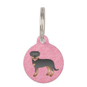 Médaillon Pour Animaux Rottweiler noir et feu sur cœurs roses