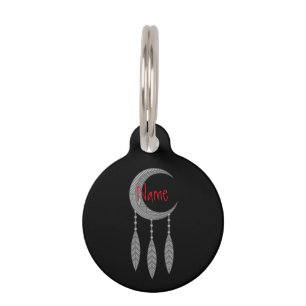 Médaillon Pour Animaux Silver Crescent Moon Feathers