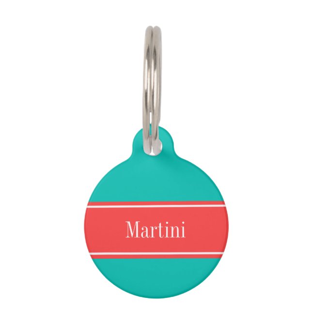 Médaillon Pour Animaux Solid Teal, Coral Red Ribbon Monogram (Devant)