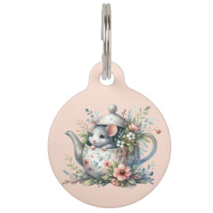 Médaillon Pour Animaux Souris mignonne en théière florale Illustration th