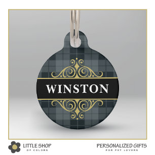 Médaillon Pour Animaux Tartan à carreaux noir et or personnalisé