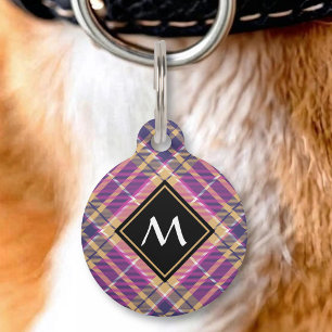 Médaillon Pour Animaux Tartan Rose, Or et Bleu