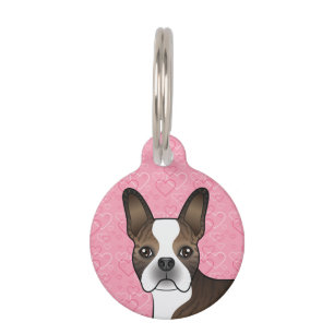 Médaillon Pour Animaux Tête de chien Boston Terrier Bringé sur des coeurs
