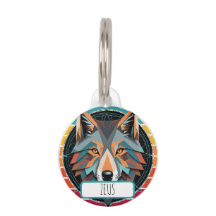 Médaillon Pour Animaux Tête de loup géométrique avec des couleurs rétro