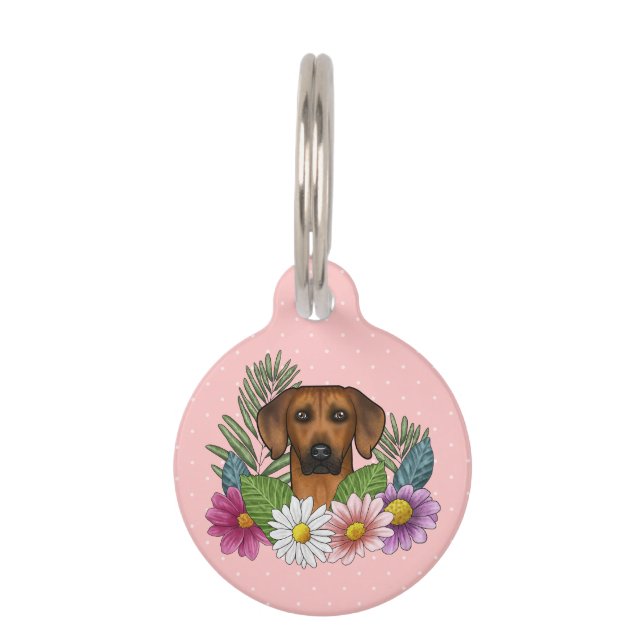 Médaillon Pour Animaux Tête Rhodésienne Ridgeback Fleurs Colorées Sur Ros (Devant)