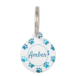 Médaillon Pour Animaux Texte Turquoise Blanc Empreinte de Patte Personnal