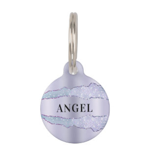 Médaillon Pour Animaux Violet lavande métal agate nom marbre