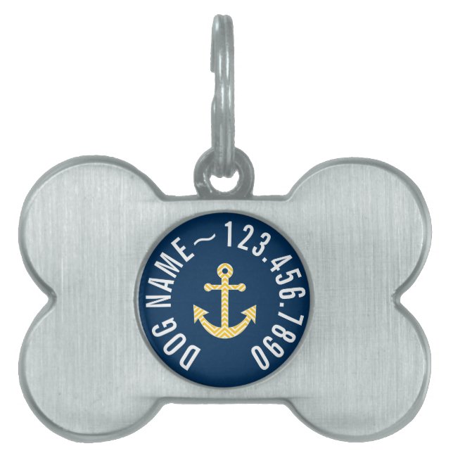 Médaillons Pour Animaux Domestiques Ancre nautique avec Motif Navy Jaune Chevron (Devant)