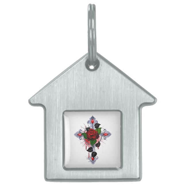 Médaillons Pour Animaux Domestiques Croix d'argent avec une rose rouge (Devant)