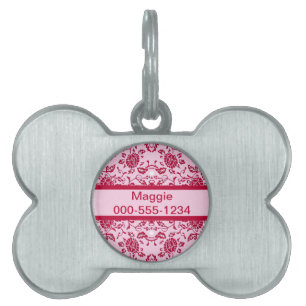 Médaillons Pour Animaux Domestiques Élégant damas floral rose et rouge