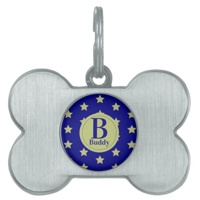 Médaillons Pour Animaux Domestiques Elegant Gold & Blue Star Pattern Monogram (Devant)