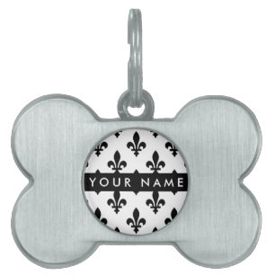 Médaillons Pour Animaux Domestiques Fleur de Lis, Noir sur Blanc, Noir, Votre Nom