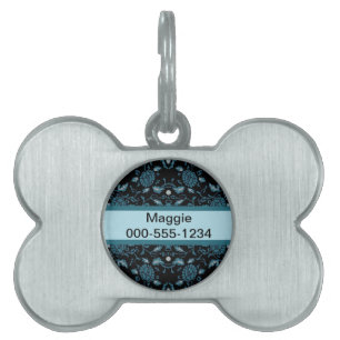 Médaillons Pour Animaux Domestiques Fleur élégante Noir et Turquoise Damas