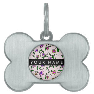 Médaillons Pour Animaux Domestiques Fleurs Colorées, Fond Rose, Noir