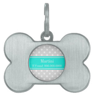 Médaillons Pour Animaux Domestiques Lt Grey White Pois Brt Aqua Ribbon Monogramme