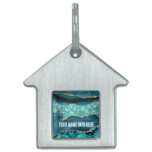 Médaillons Pour Animaux Domestiques Marbre d'or bleu turquoise Nom personnalisé Texte